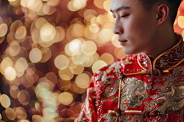 chinese groom in traditional wedding dress bokeh style background