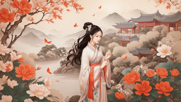 Chinese Hanfu Classical Beauty Country Style Painting Noble Wallpaper Background Illustration