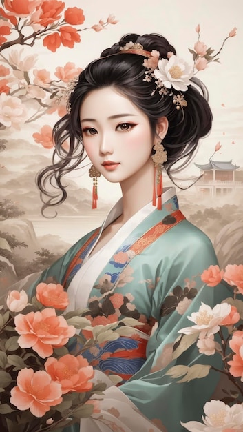 Chinese Hanfu Classical Beauty Country Style Painting Noble Wallpaper Background Illustration