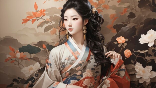 Chinese Hanfu Classical Beauty Country Style Painting Noble Wallpaper Background Illustration