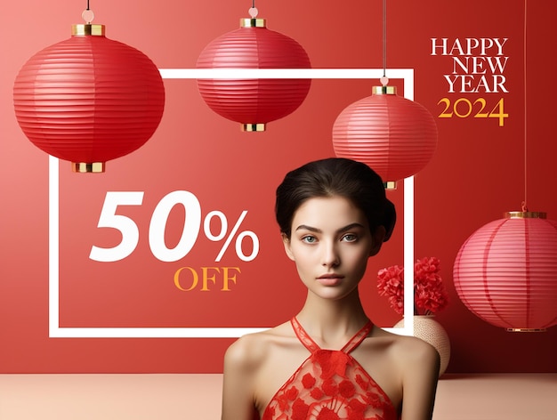 Photo chinese happy new year sale banner template beautiful female model with lantern decoration