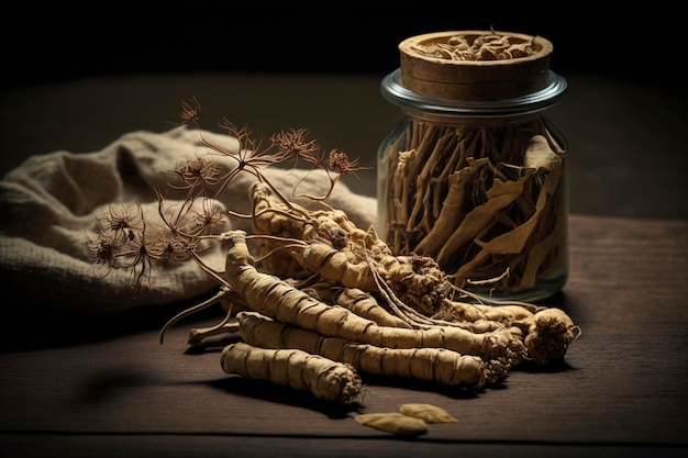 Chinese herbal medicine ginseng on the table AI technology generated image