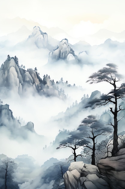 Chinese ink painting style mountains and rivers a huge range of mountains in the fog and clouds