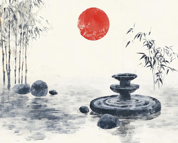 Chinese Ink Painting of a Zen Garden