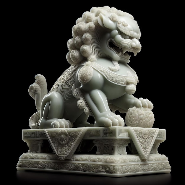 Chinese Jade Lion Statue on Black Background