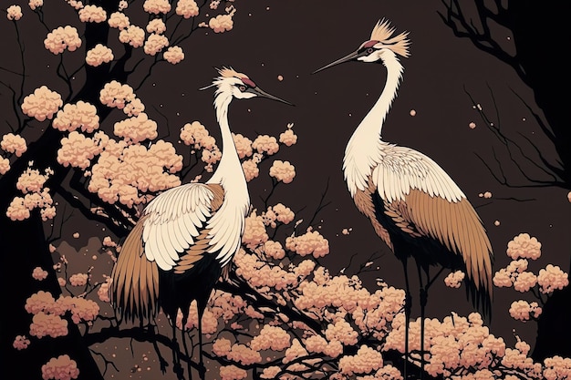 Chinese and Japanese art Cherry blossoms Sakura and Cranes Luxury oriental style background Generatrd AI