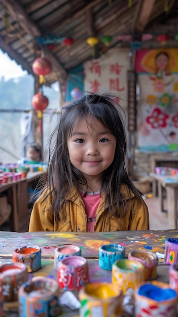 Chinese kids doing arts crafts in a vibrant classroom in China