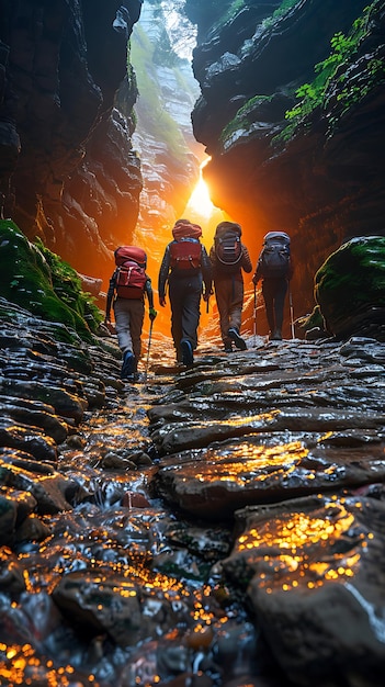 Chinese kids hiking a beautiful natural reserve in China