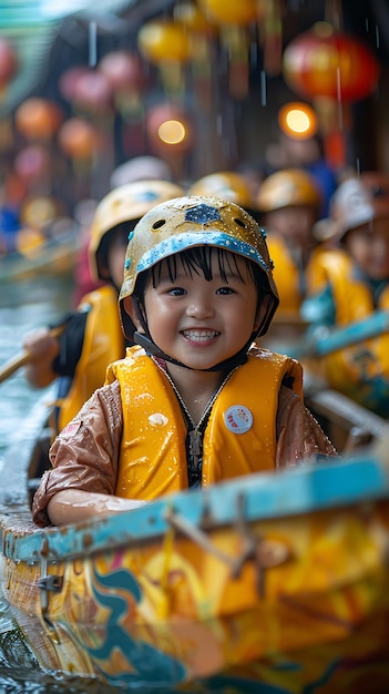 Chinese kids participating a dragon boat race in China