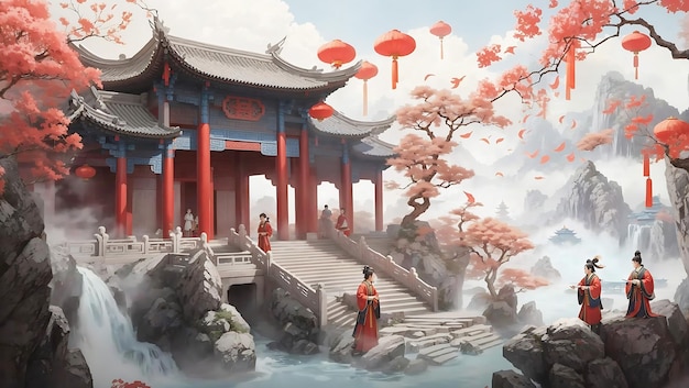 Chinese And Korean Traditional House With Red Maple Leaf And Mountains In The Background Ai Generate