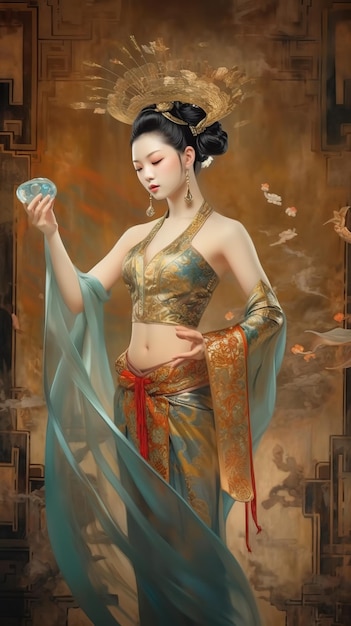 A chinese lady with a blue dress and a gold necklace holds a glass object in her hands.