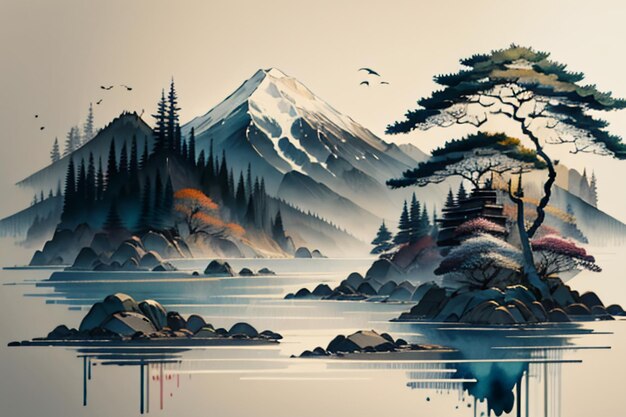 Chinese landscape background mural ink and watercolor mountain wallpaper design simple cover