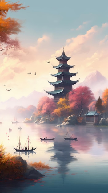 Chinese landscape illustration painting generative AI