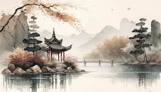 Chinese landscape and natural scenery in watercolor style AI technology generated image