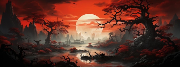 An Chinese landscape with bright red lights in the style of gothic illustration