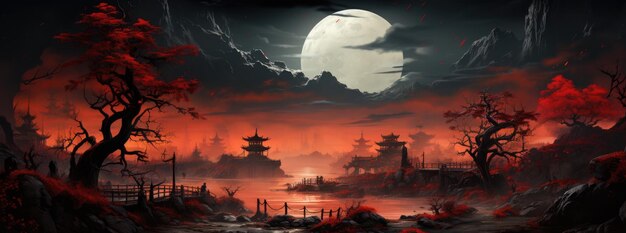 An Chinese landscape with bright red lights in the style of gothic illustration