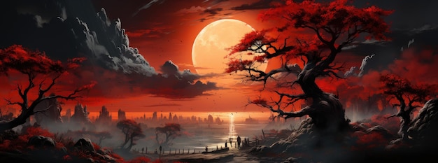 An Chinese landscape with bright red lights in the style of gothic illustration