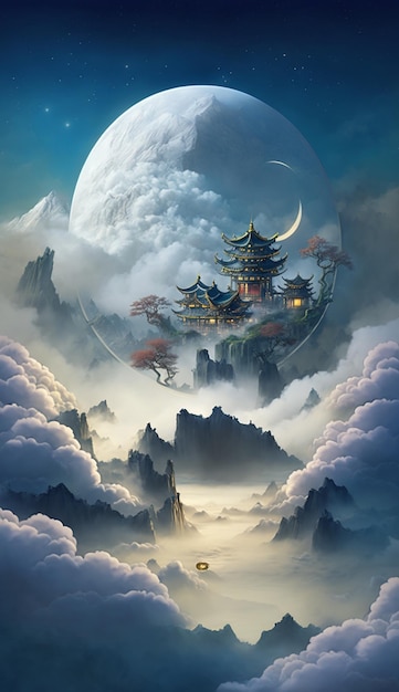 A chinese landscape with a moon and a chinese castle