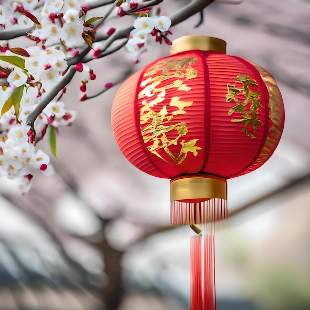 Chinese lantern with cherry blossoms red blurred background