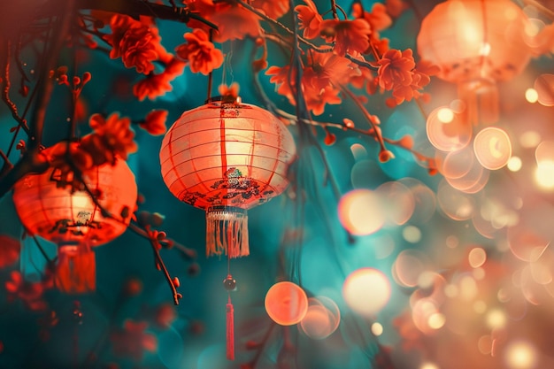 Chinese lanterns against with red flowers colorful background and many free spaces Lunar new year