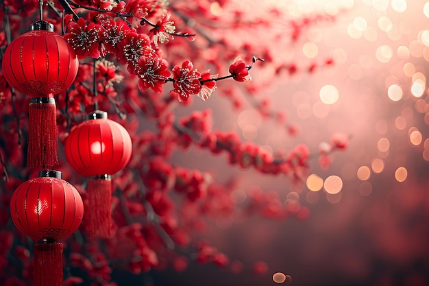 Chinese lanterns and branches hanging in light against red blossoms