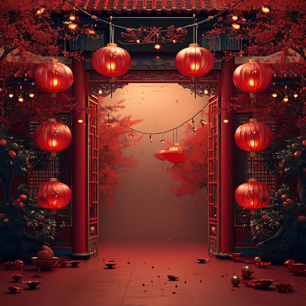 Chinese lanterns and door leading to a red forest with red lanterns