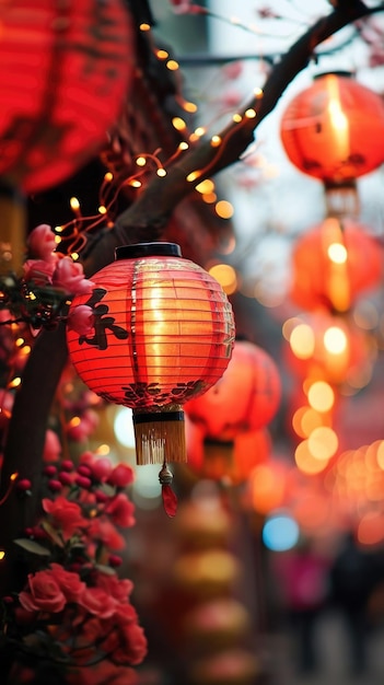 Chinese lanterns in the evening on the city streets Chinese New Year celebration space for text