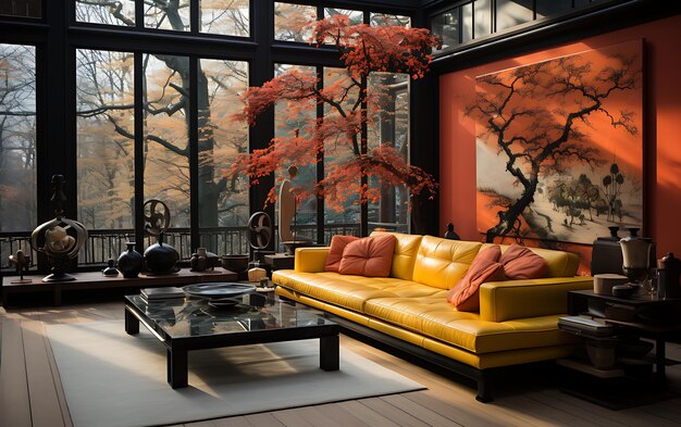 Photo chinese large terrace with sofa transparent glass flower and tree