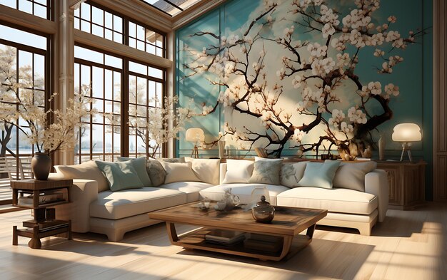 Chinese large terrace with sofa transparent glass flower and tree