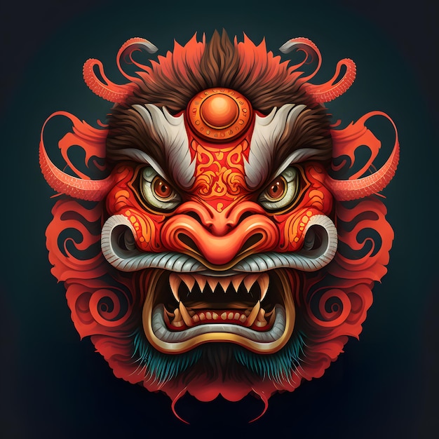 A chinese lion with a chinese symbol on its face