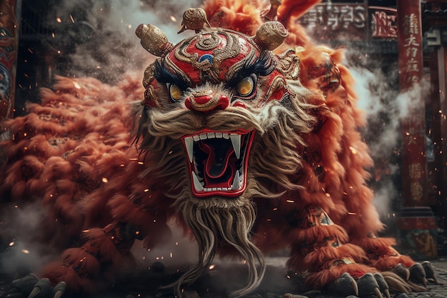 A chinese lion with a red face and a red face is in front of a dark background.