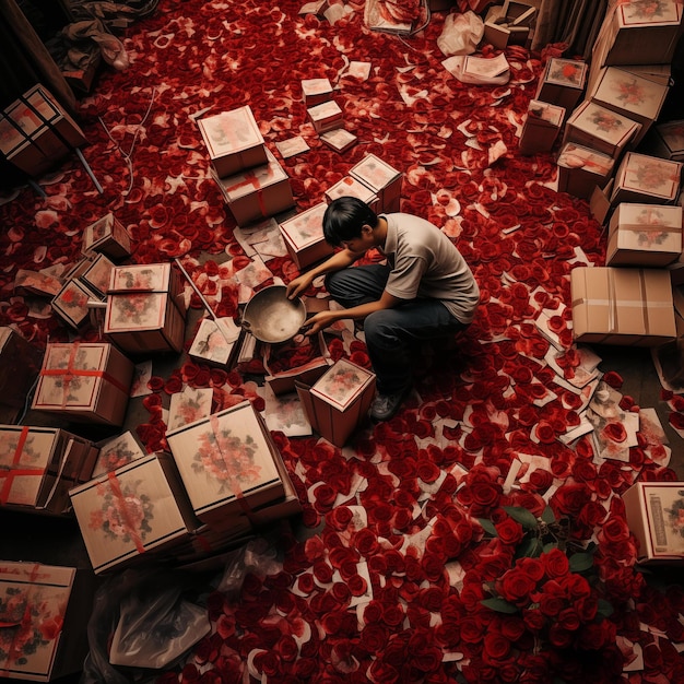 Photo a chinese man is sorting cartons next to a pile of red rose remote control aerial