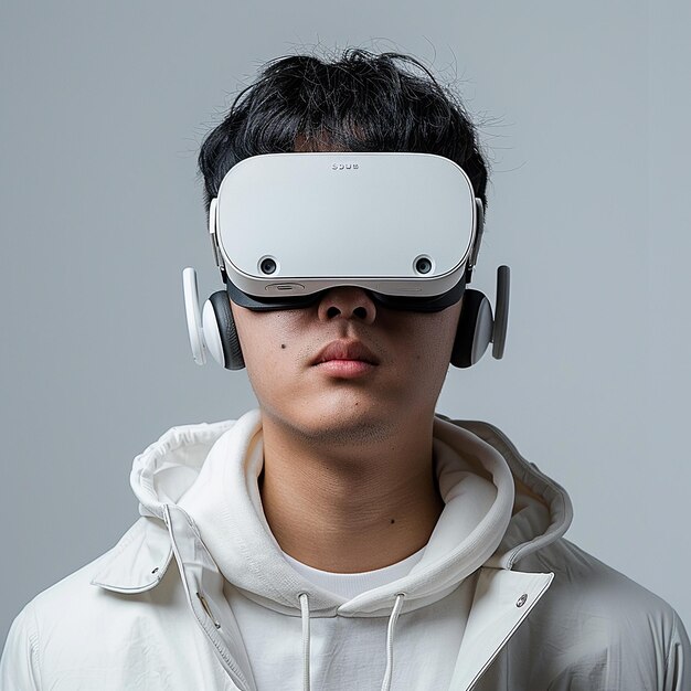 A Chinese Man Wearing VR Glasses Facing Forward