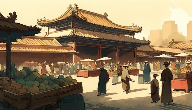 Chinese market in a forbidden city digital art illustration Generative AI