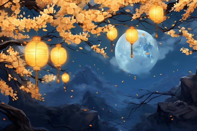 Chinese mid autumn festival background with lanterns and full moon