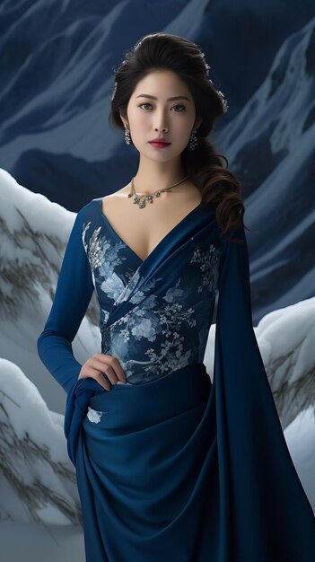 A Chinese model wearing Navy Blue tulle embroidery long sleeve wedding dress Generative AI