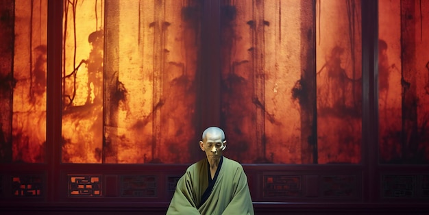 Chinese monk in a green robe standing in front of a red wall