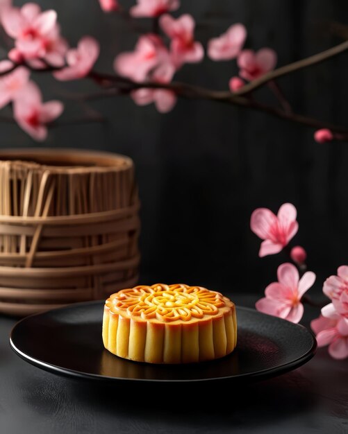 A Chinese mooncake is placed on the plate