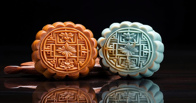 chinese mooncakes on a surface with two carved pieces separated in the style of light orange