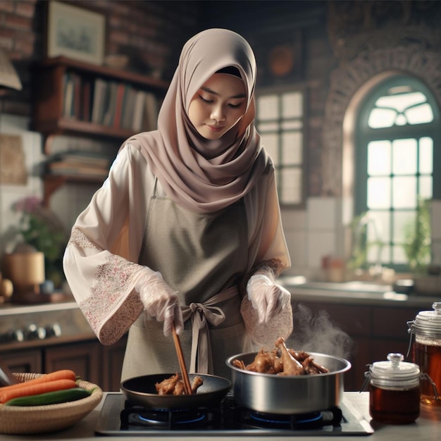 Chinese Muslim woman cooking Eid food