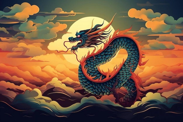 Chinese mythical dragon at flight and evening cloudy sky background generative ai