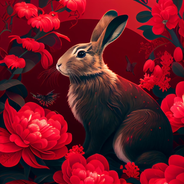 Chinese new year 2023 year of the rabbit Bunny rabbit with red flowers Generative ai