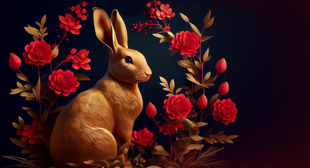 Chinese new year 2023 year of the rabbit Gold bunny rabbit with red flowers Generative ai