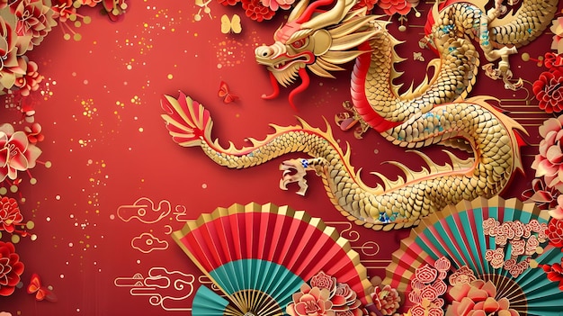 Chinese New Year 2024 banner design with dragon and paper folding fan decoration on red background