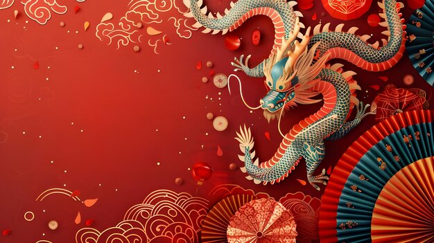 Chinese New Year 2024 banner design with dragon and paper folding fan decoration on red background