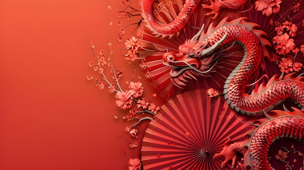 Chinese New Year 2024 banner design with dragon and paper folding fan decoration on red background