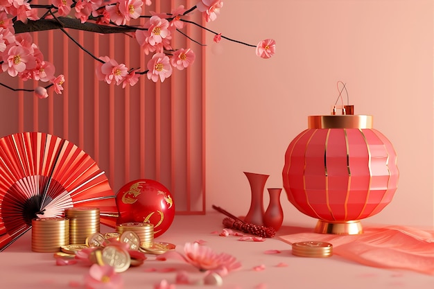 Chinese New Year 3D Illustration with a Fan