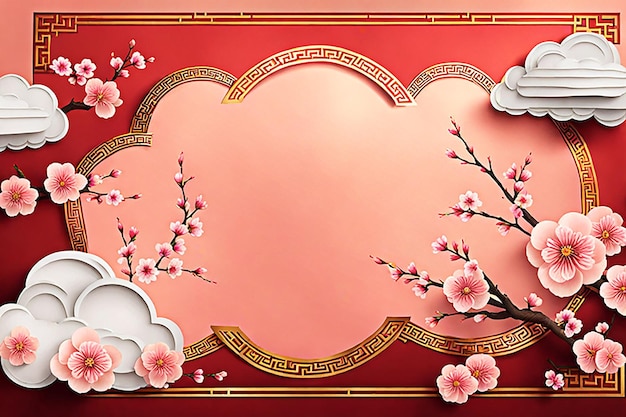 Chinese new year background banner design with Chinese paper lanternspeach blossom peony