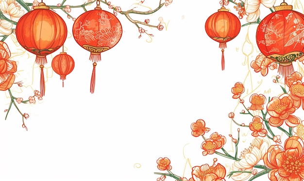 Chinese New Year background with flowers and lanterns Vector illustration