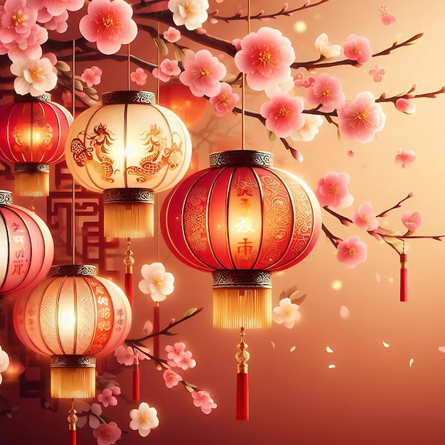 Chinese new year background with traditional lanterns sakura flowers and copy space Lunar new year